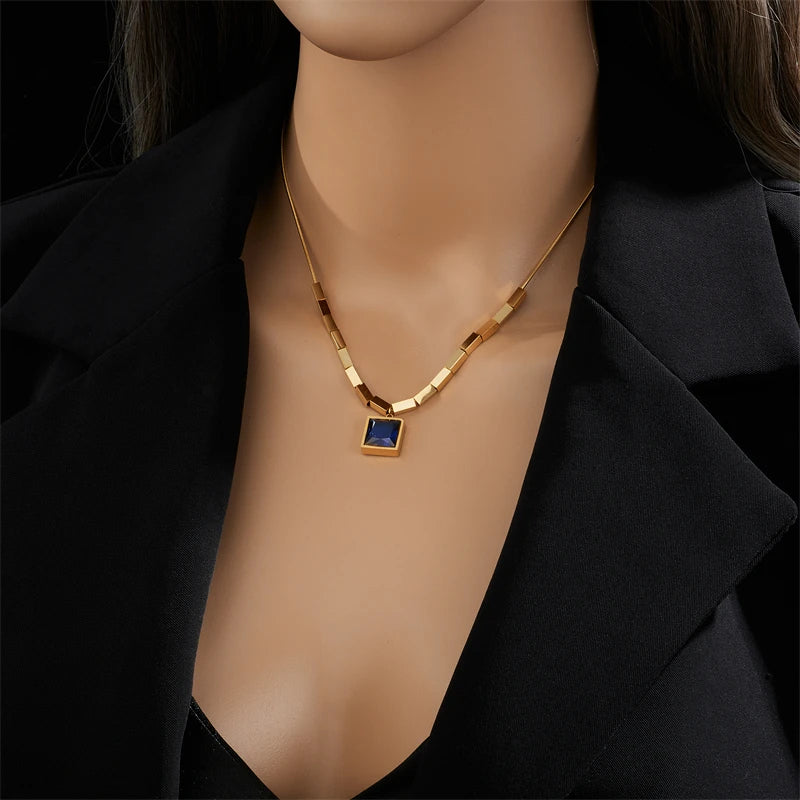 Stainless Steel Square Blue Zircon Necklace