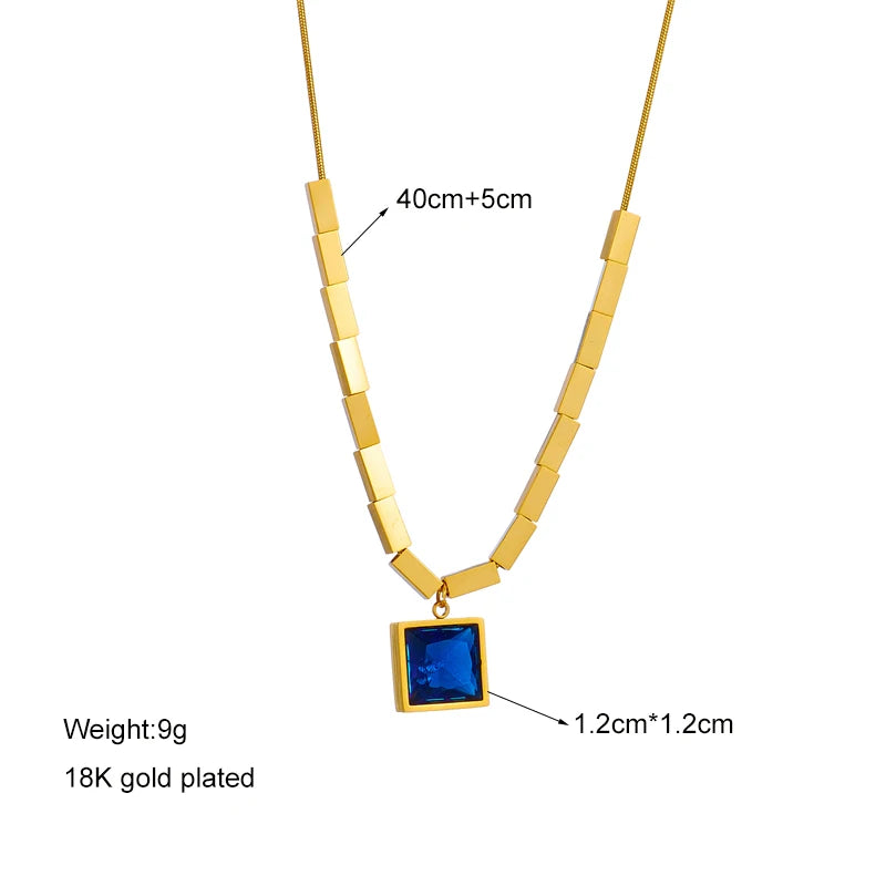 Stainless Steel Square Blue Zircon Necklace