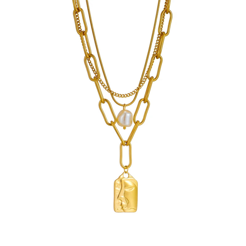 Stainless Steel 3-Layer Pearl Portrait Pendant