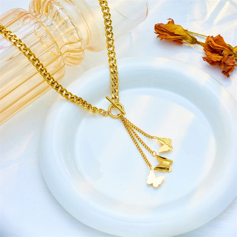 Stainless Steel Gold Color Butterfly Long Pendant