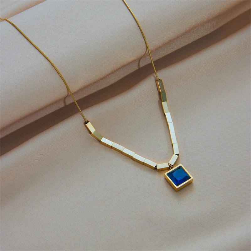 Stainless Steel Square Blue Zircon Necklace