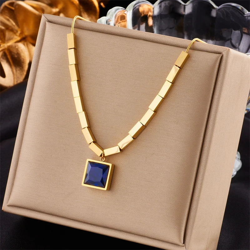 Stainless Steel Square Blue Zircon Necklace