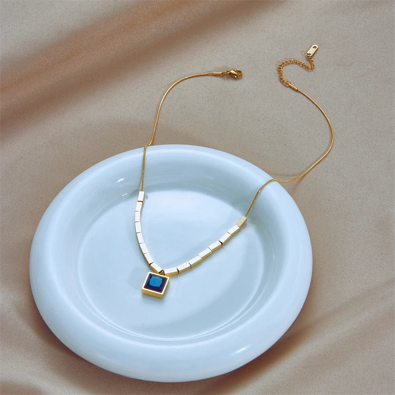 Stainless Steel Square Blue Zircon Necklace