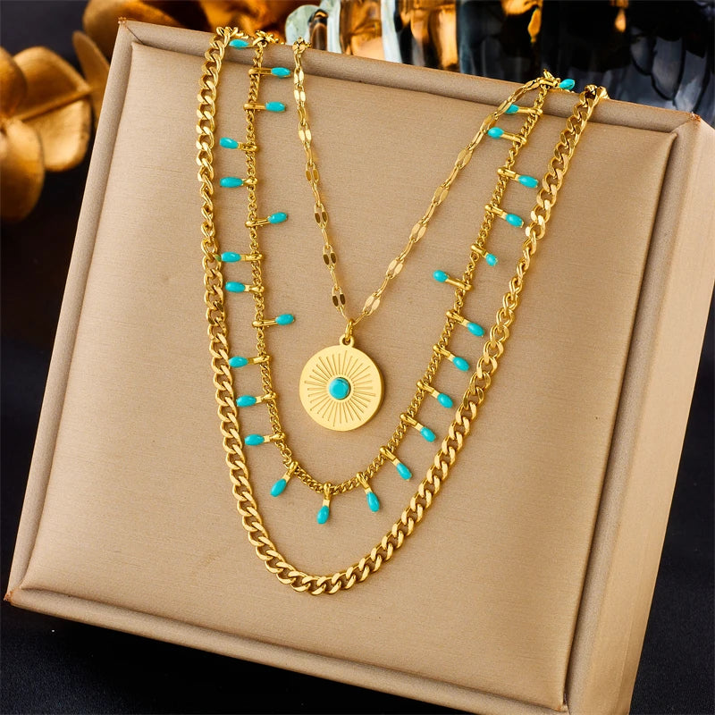 Stainless Steel Round Sun Blue Stone Pendant