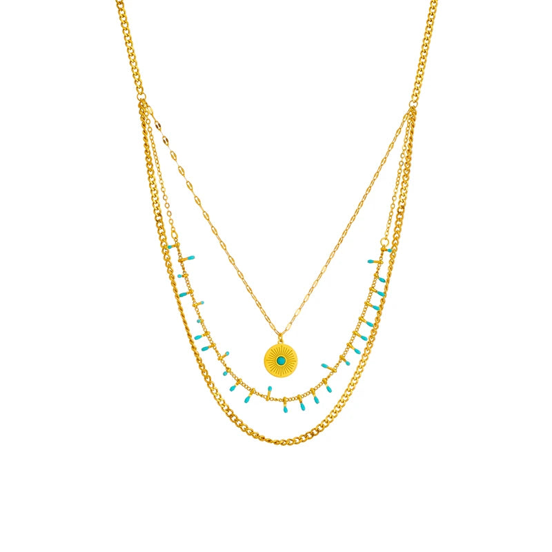Stainless Steel Round Sun Blue Stone Pendant