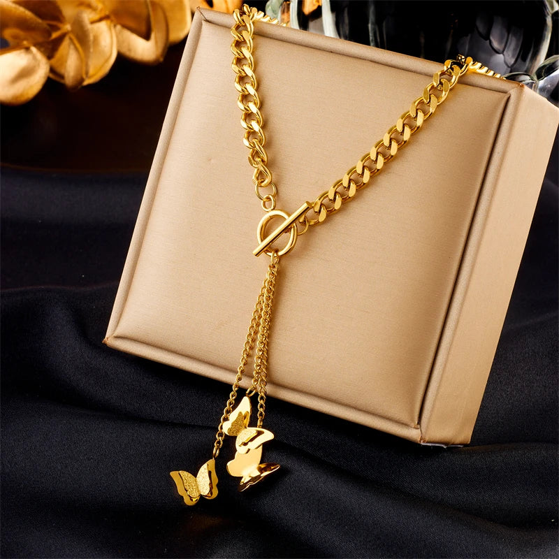 Stainless Steel Gold Color Butterfly Long Pendant